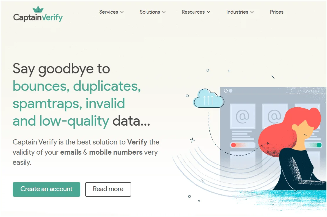 Page web CaptainVerify présentant un personnage féminin avec des symboles d'email et mobile. Texte: "Say goodbye to bounces, duplicates, spamtraps...". Boutons: "Create an account" et "Read more". Navigation: "Services", "Solutions", etc.