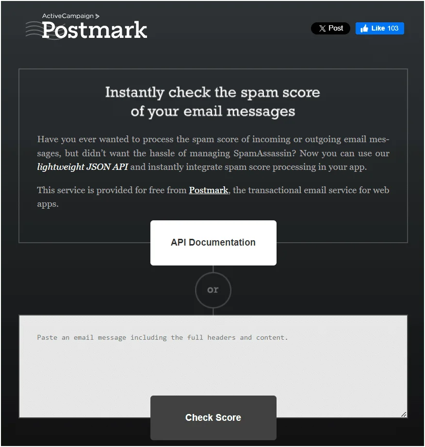 Postmark vérificateur score spam API
