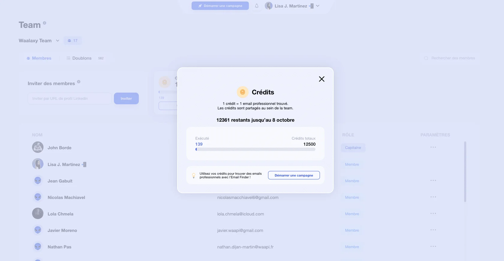 E-mail Finder Waalaxy: krediet teller.