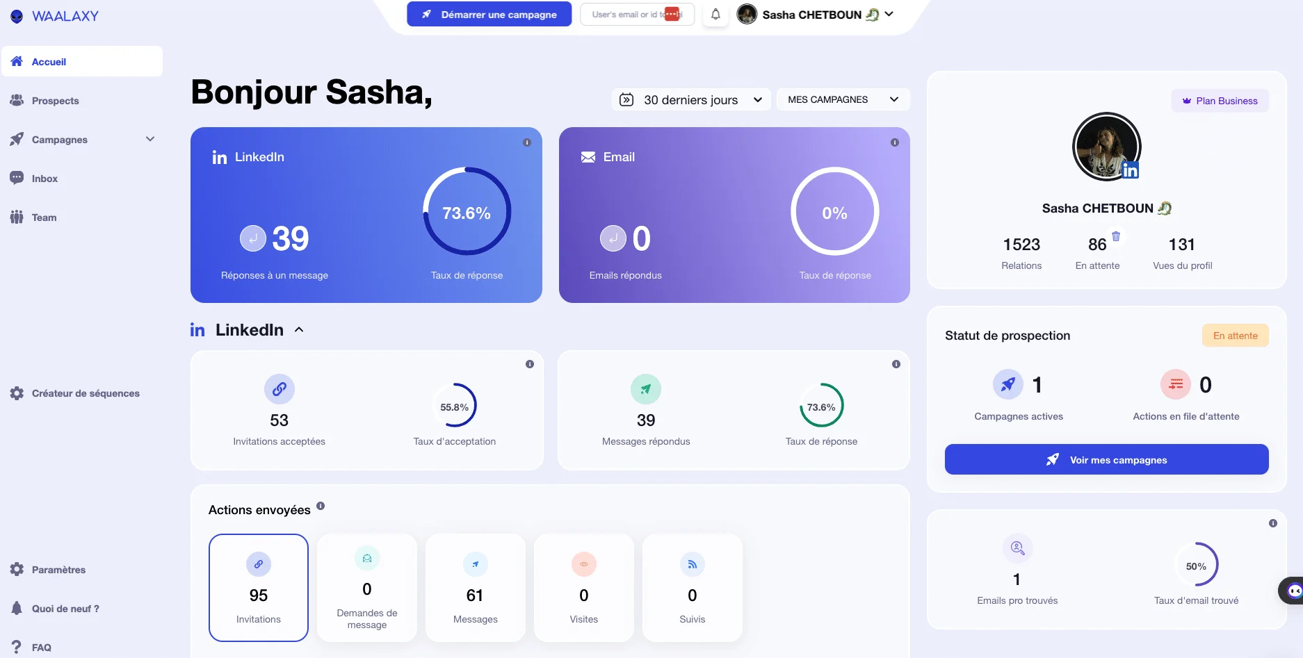Interface d'application professionnelle avec statistiques de réseautage LinkedIn et e-mail.