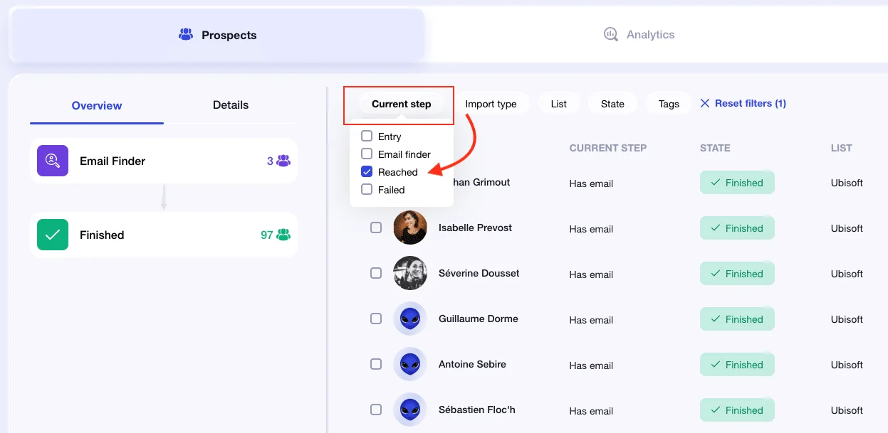 Interface Waalaxy prospects email finder