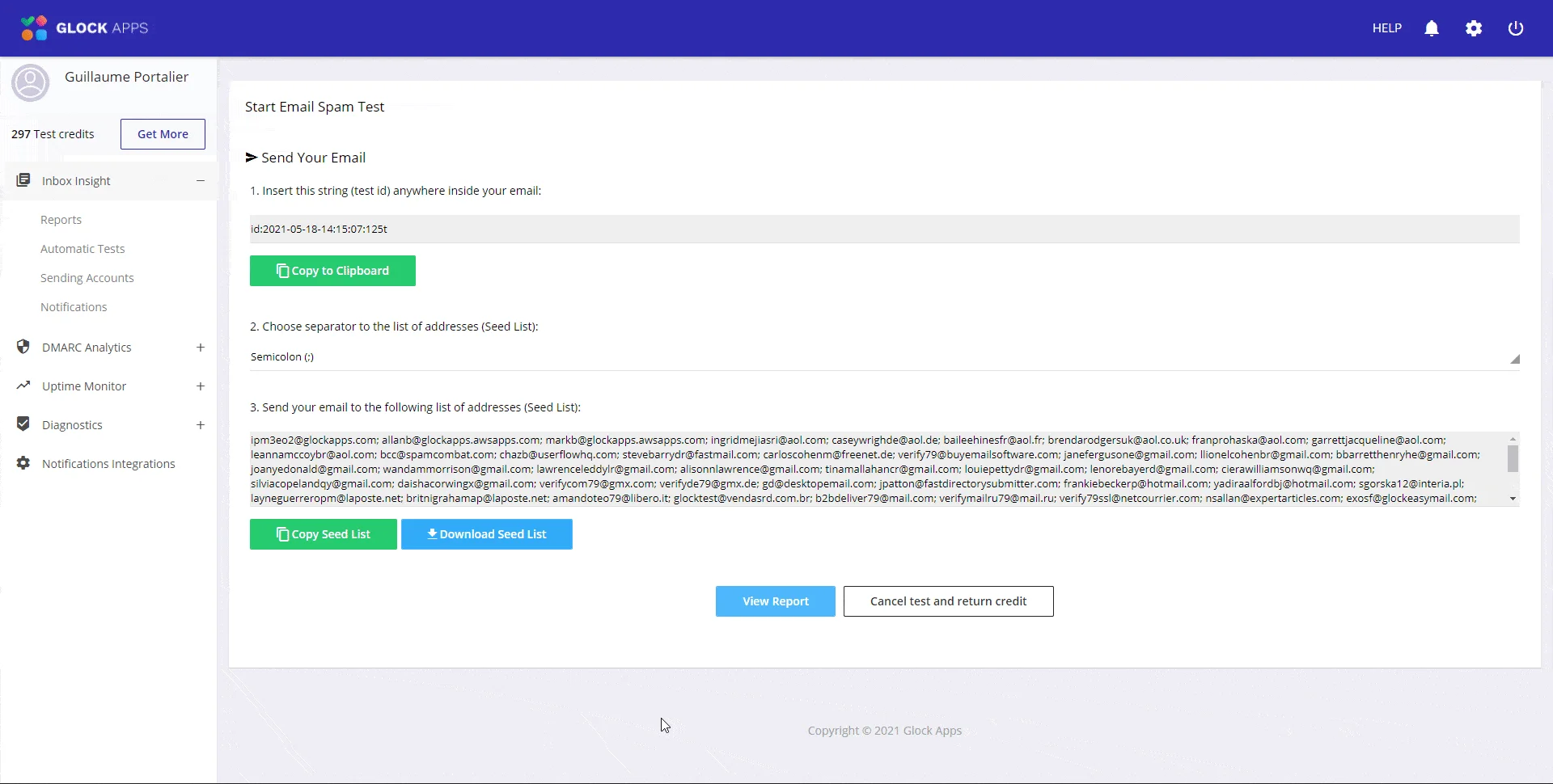 Page web GLOCK APPS, formulaire pour lancer un test anti-spam par email. Textes et boutons en français. Contexte informatique.