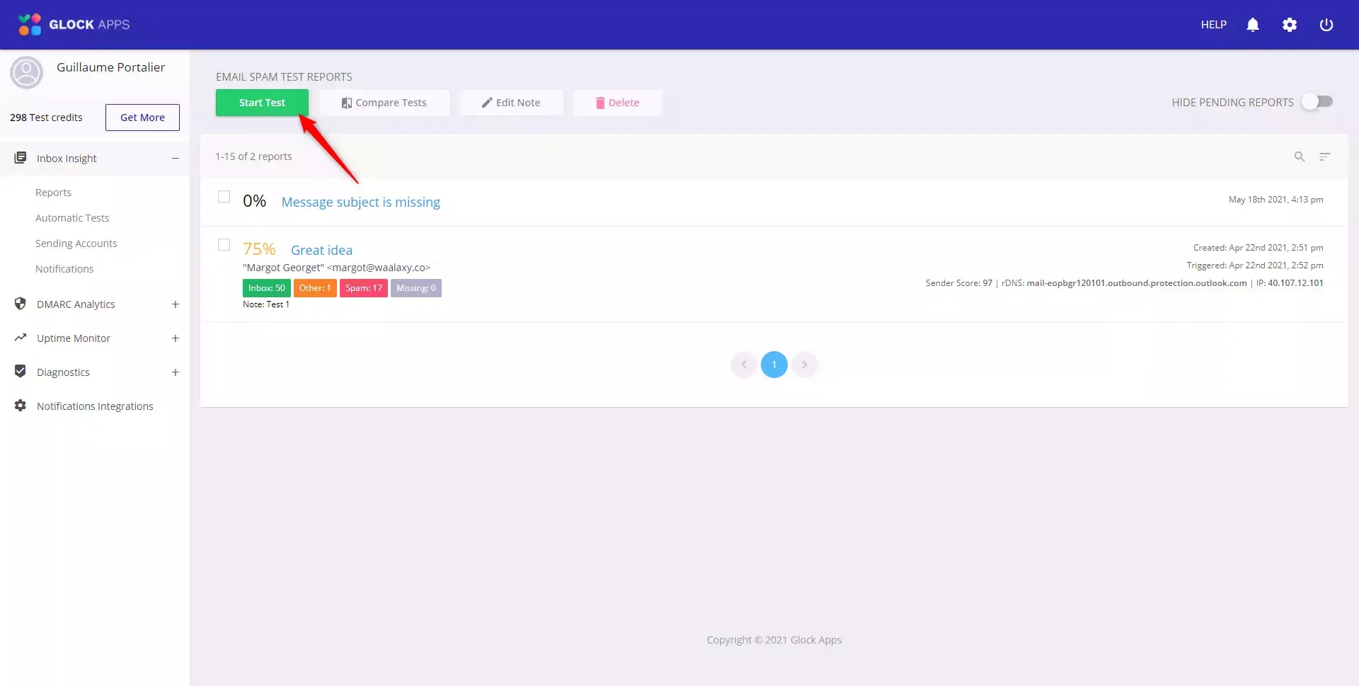 Rapports test spam email Glock Apps