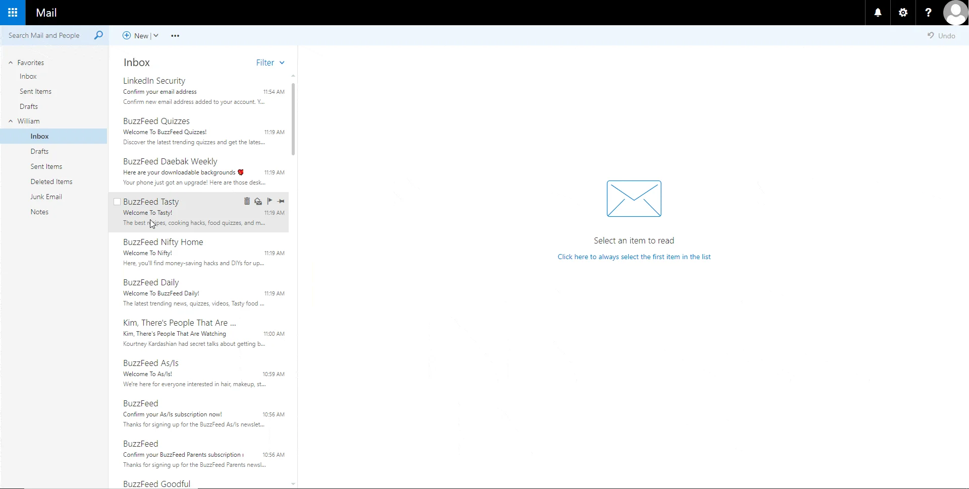 Interface boîte réception Outlook