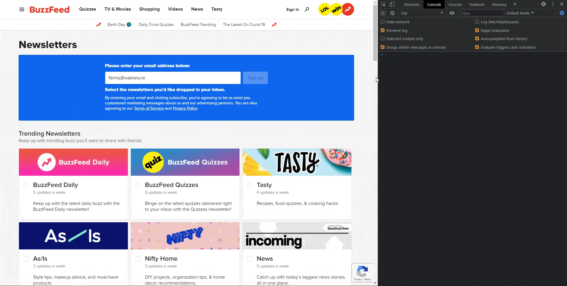 Page inscription newsletters Buzzfeed