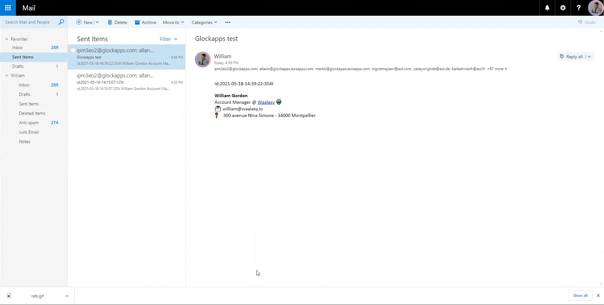 Interface éléments envoyés Gmail