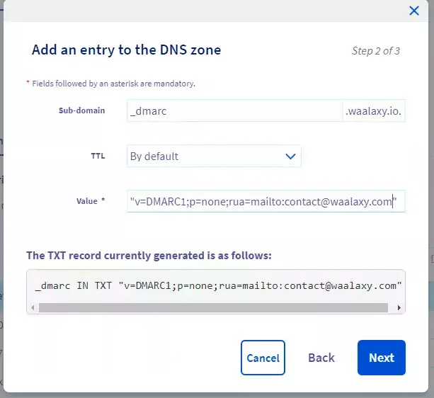 Ajouter entrée zone DNS Waalaxy