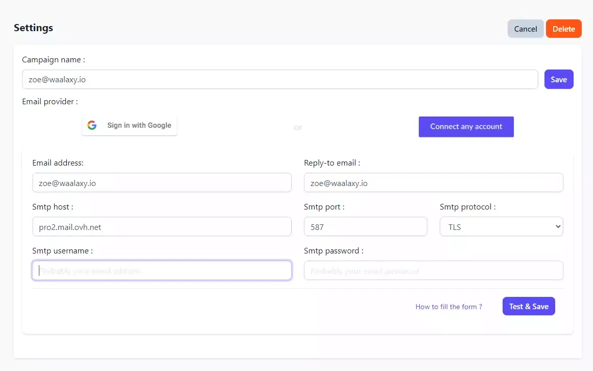 Paramètres de configuration email Waalaxy