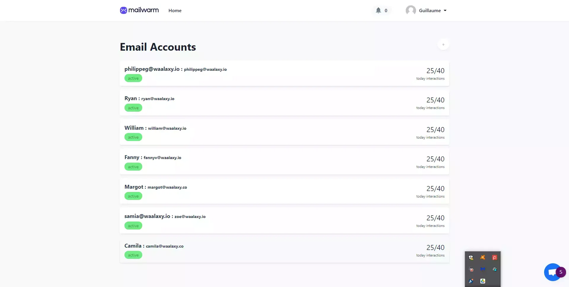 Interface des comptes email Mailwarm