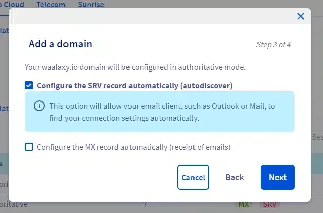 Add domain Waalaxy configuration SRV record