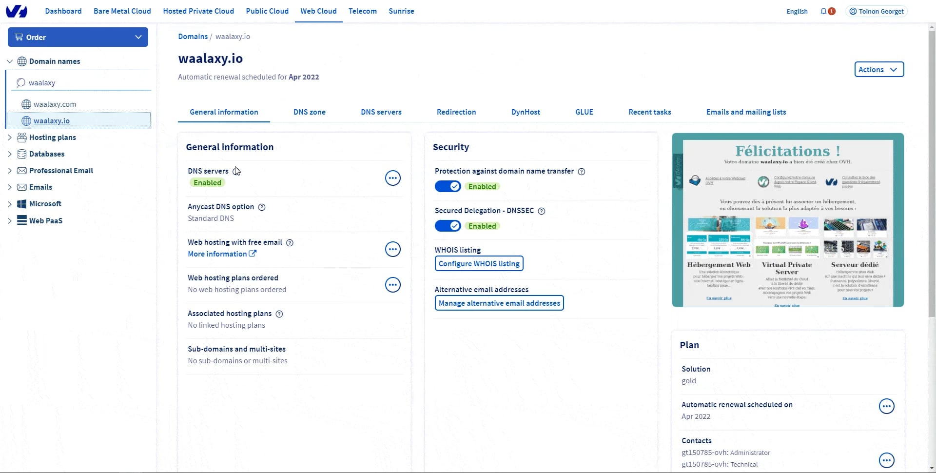 Waalaxy domain management dashboard general information
