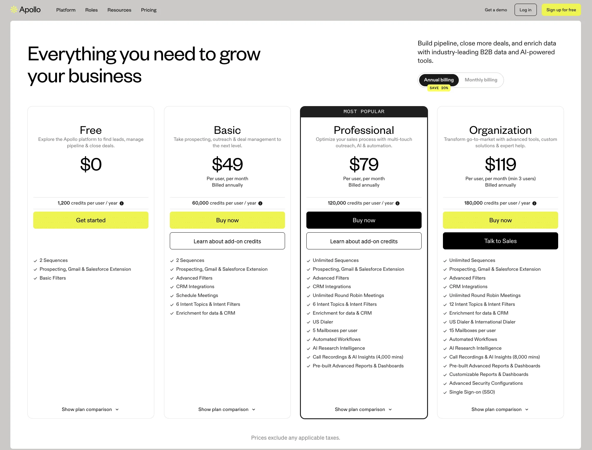 Apollo.io costs and rates