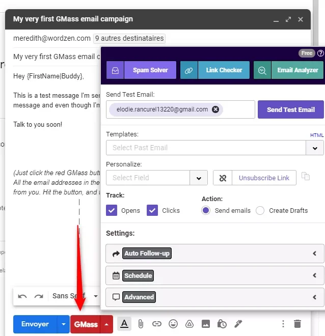 Interface Gmass campagne email test