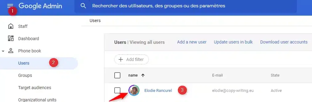 Google Admin gestion utilisateurs interface
