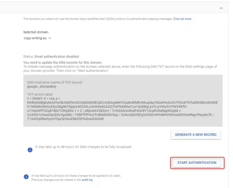 DKIM DNS record configuration email authentication