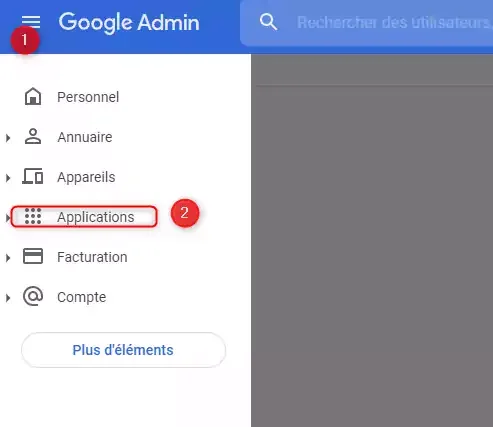 Google Admin menu applications gestion