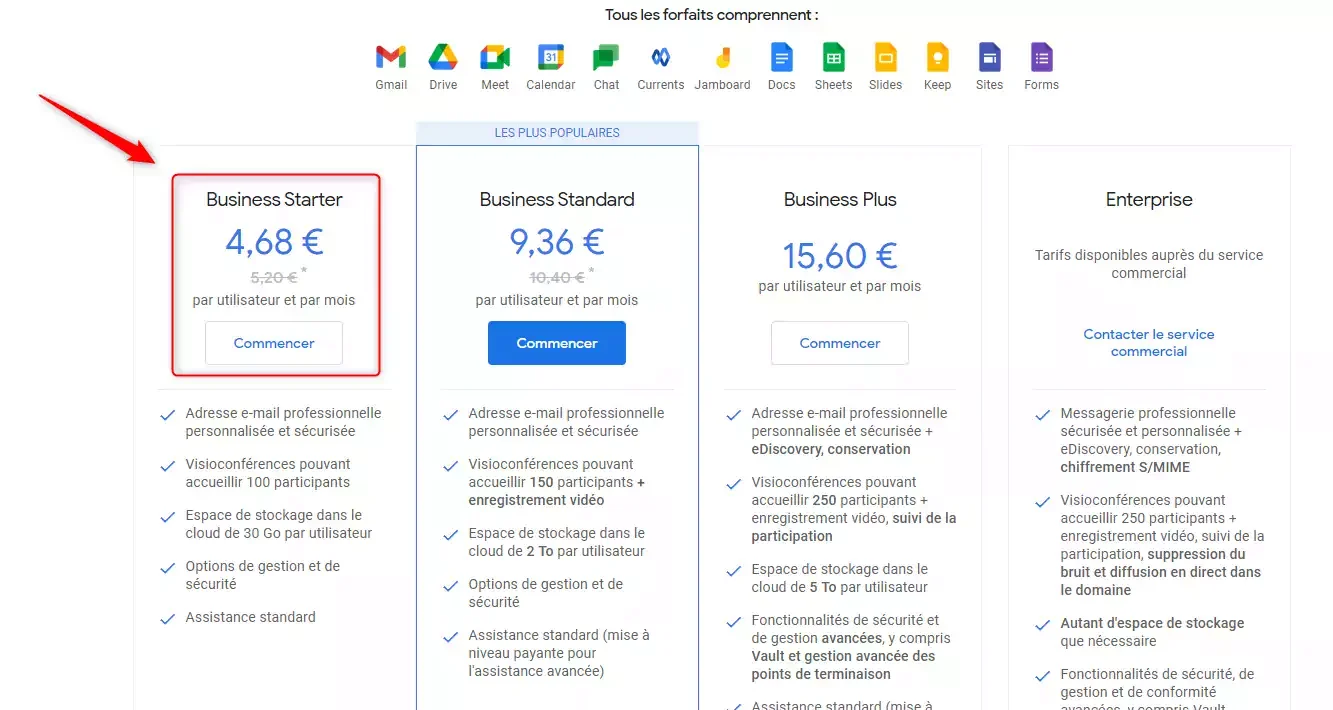 Comparaison tarifs Google Workspace Business