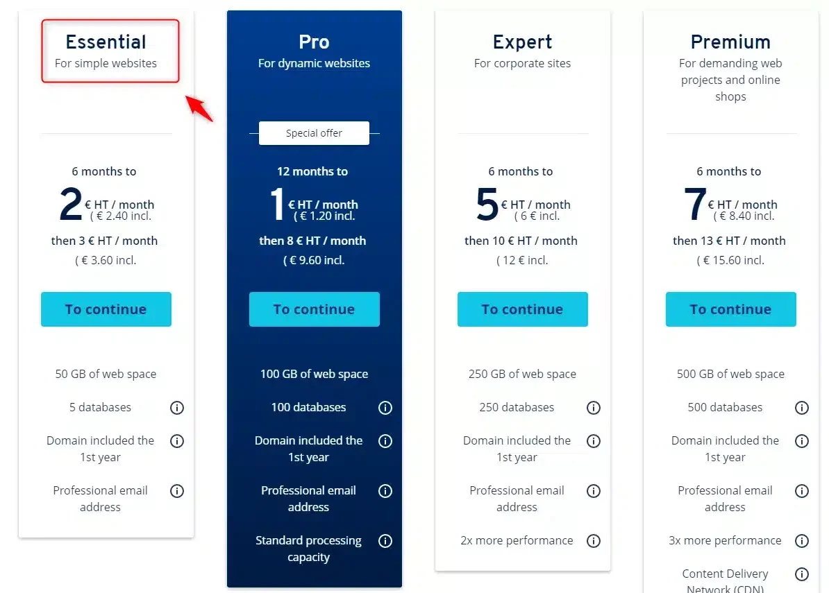 Comparaison des plans de tarification hosting web