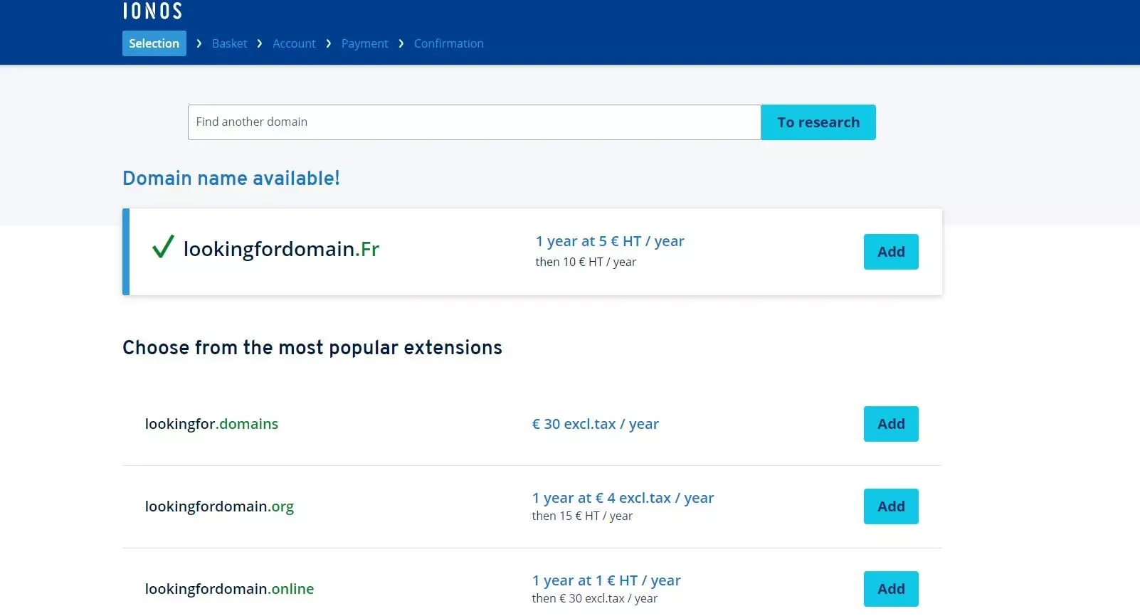 Ionos domaine lookingfordomain disponible