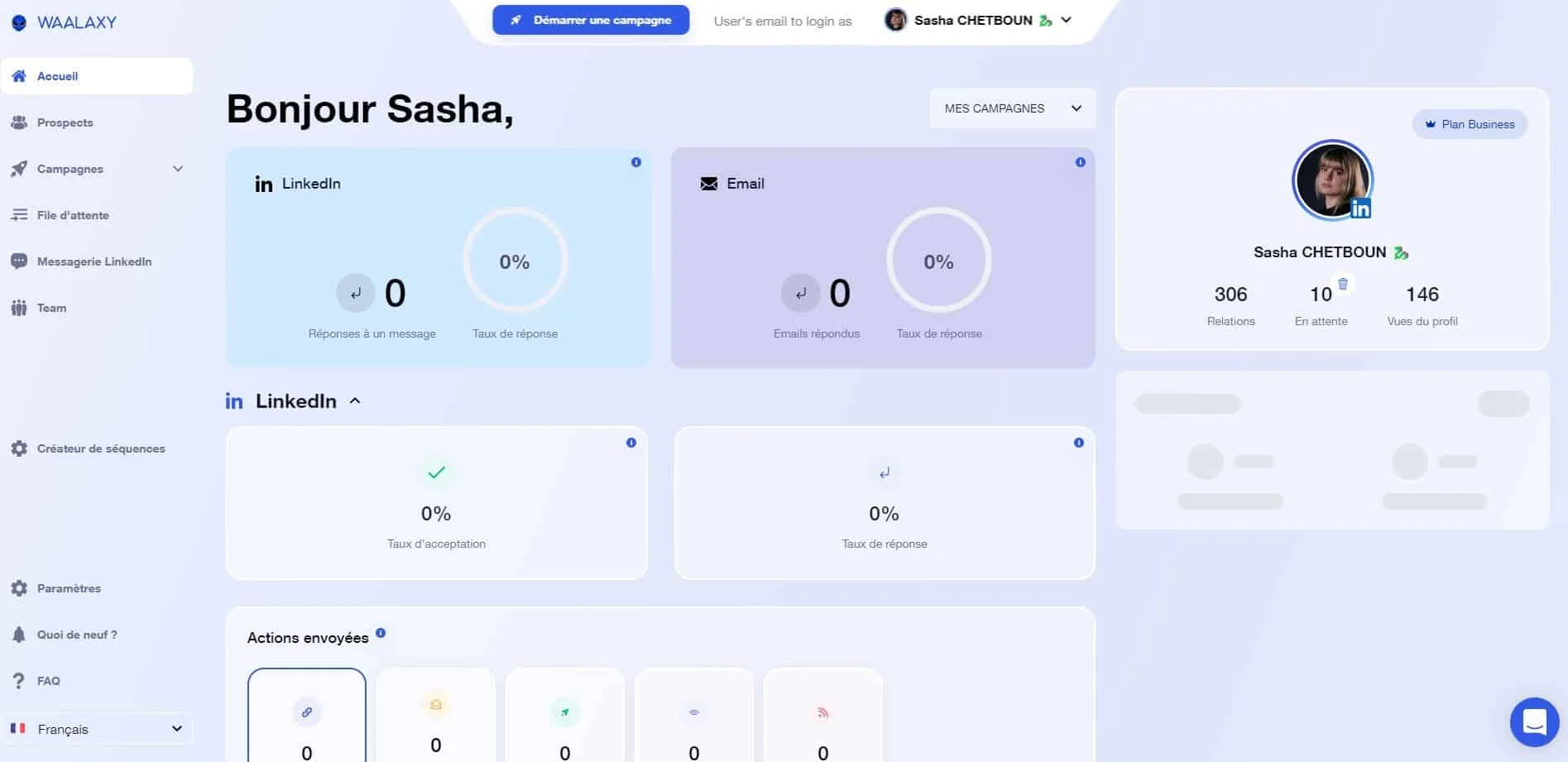 Interface utilisateur d'envoi de messages LinkedIn avec des statistiques et profil de l'utilisateur Sasha Chetboun.