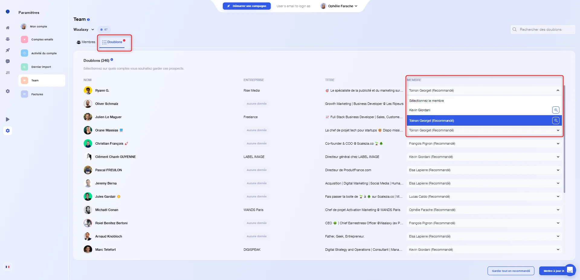 Gestion doublon contacts Waalaxy