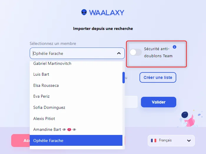 Interface recherche membre Waalaxy