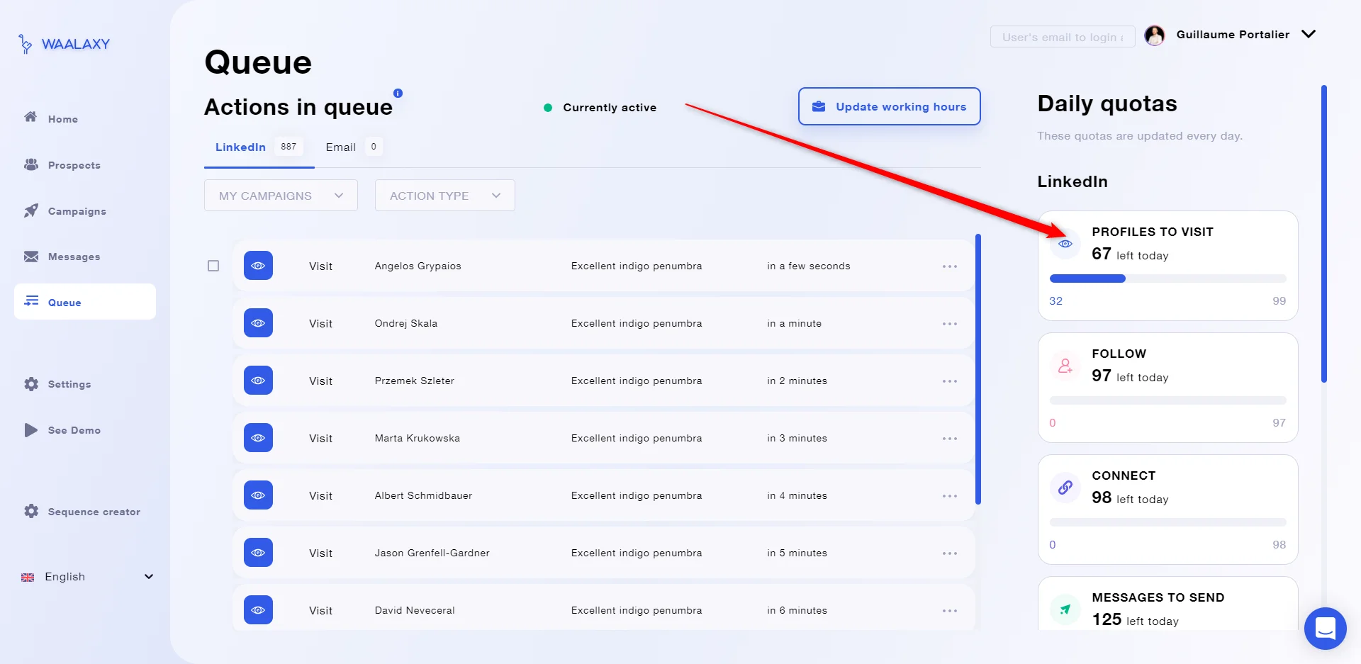 Queue actions LinkedIn Waalaxy prospection