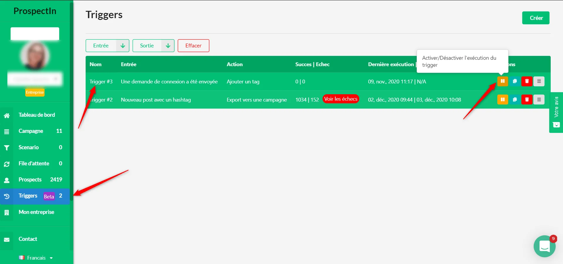 Interface triggers prospection Waalaxy