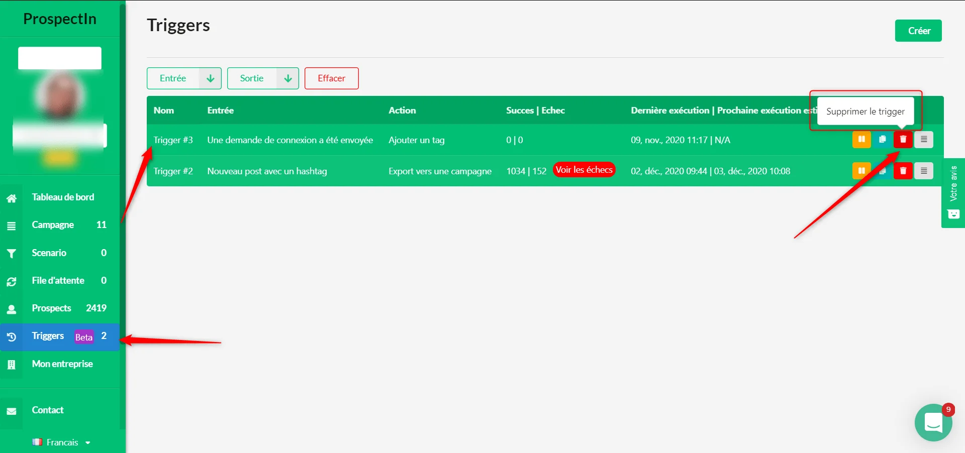 Interface triggers prospection Waalaxy