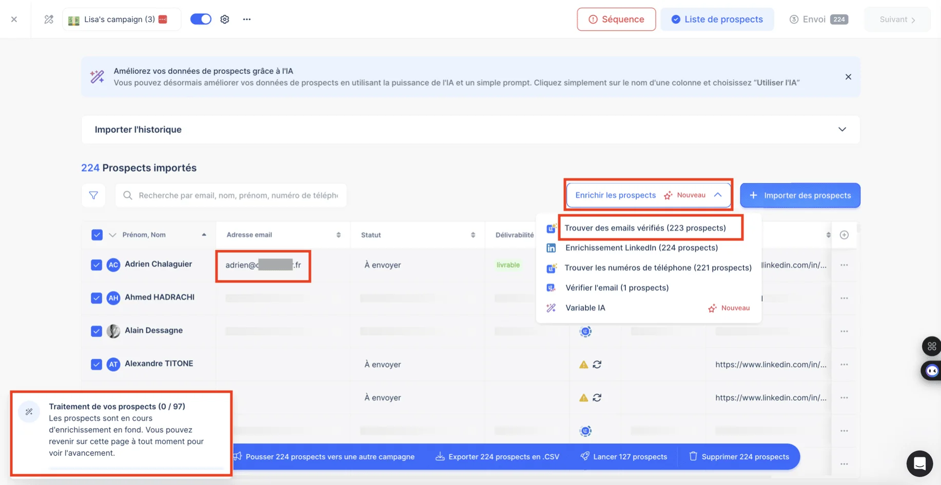Email Finder Snov.io, enrichment in progress.