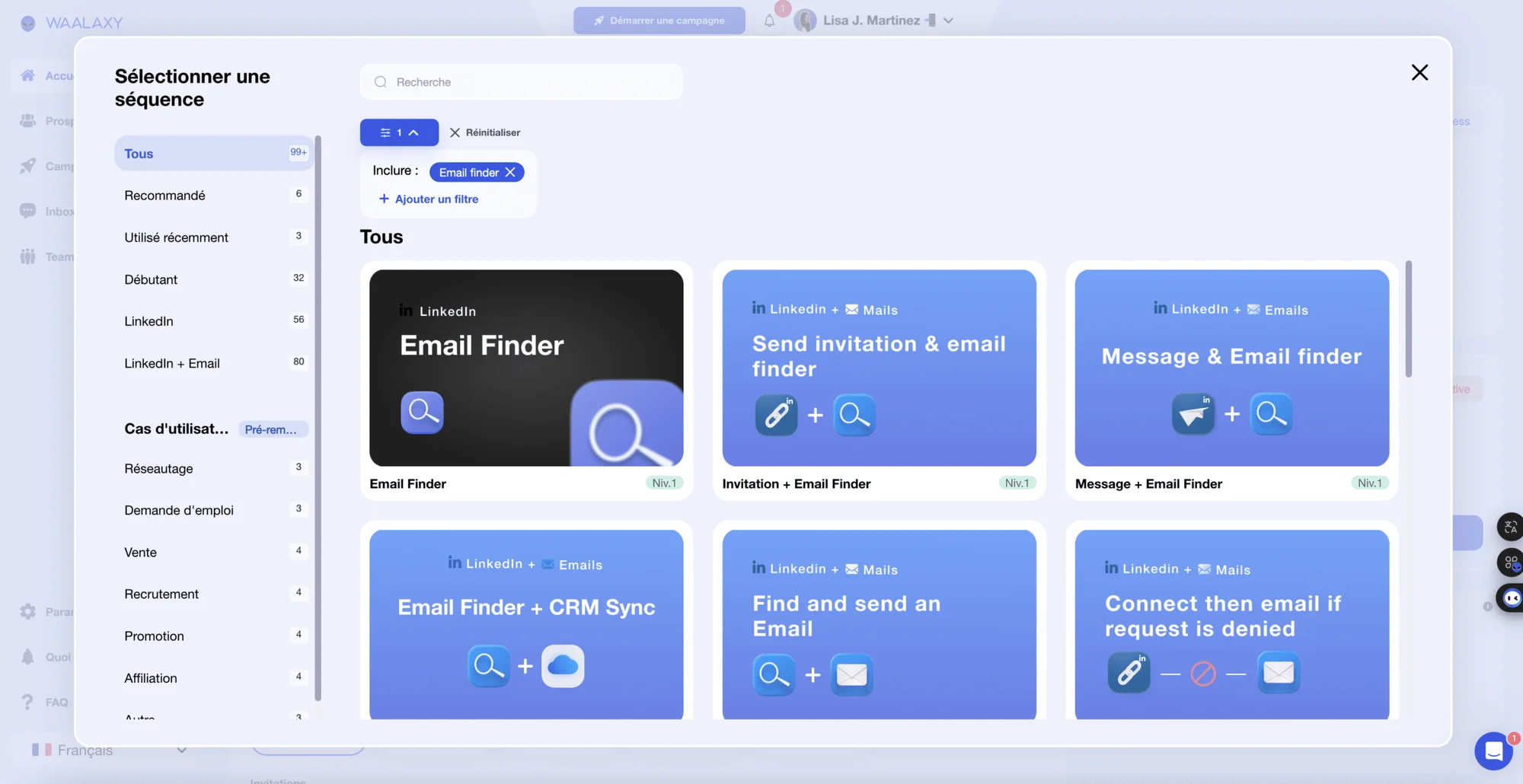 Multi-channel action sequence selection with Email Finder.