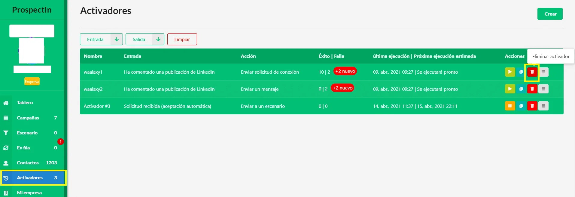 Activadores Waalaxy interfaz prospección