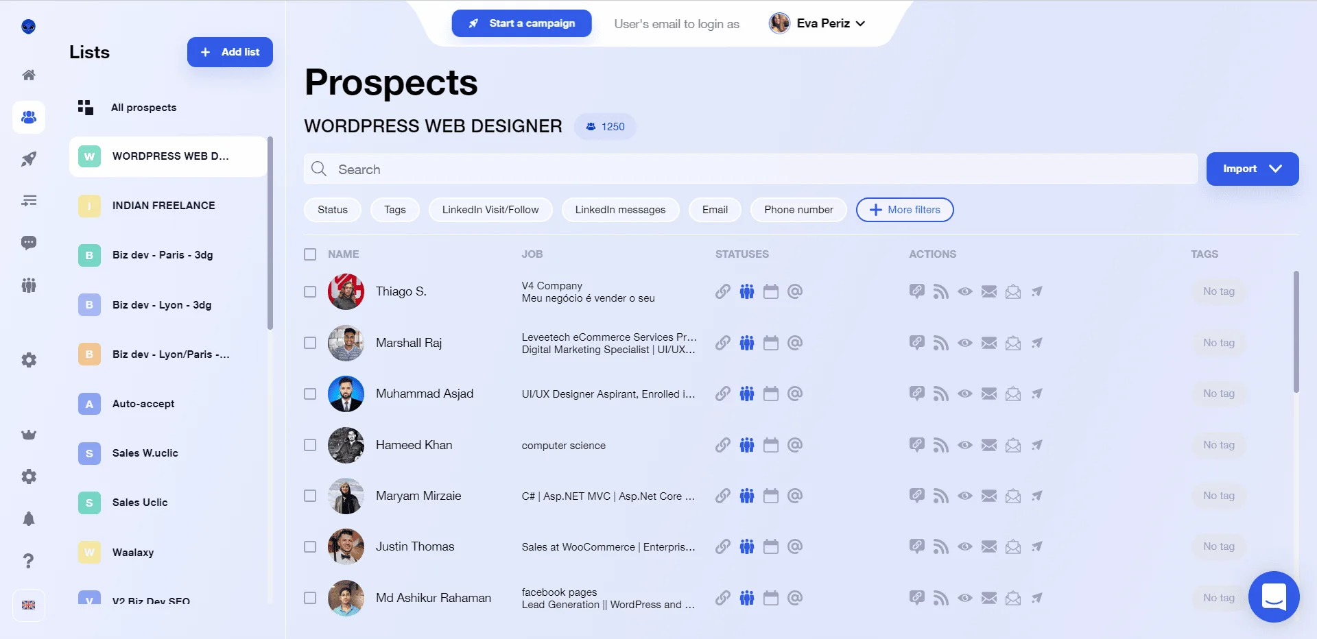 Interface prospection prospects Waalaxy