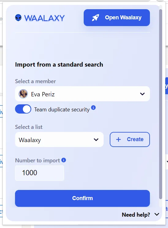 Import standard search Waalaxy interface