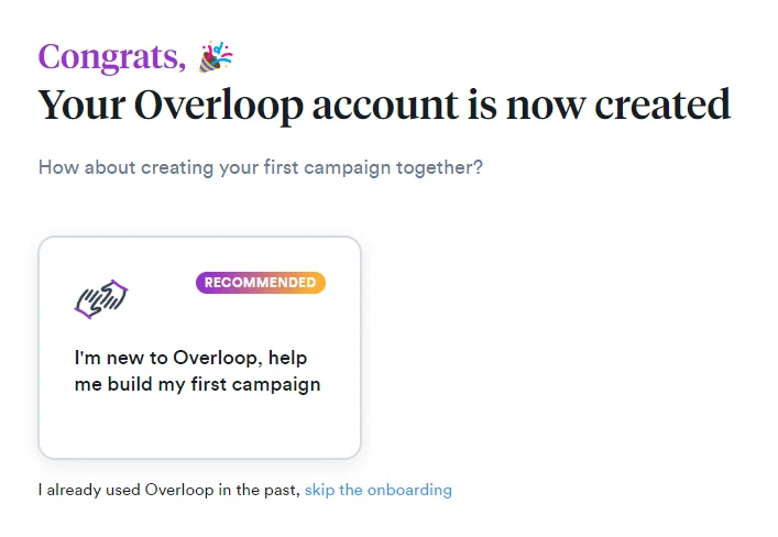 Overloop account created confirmation page