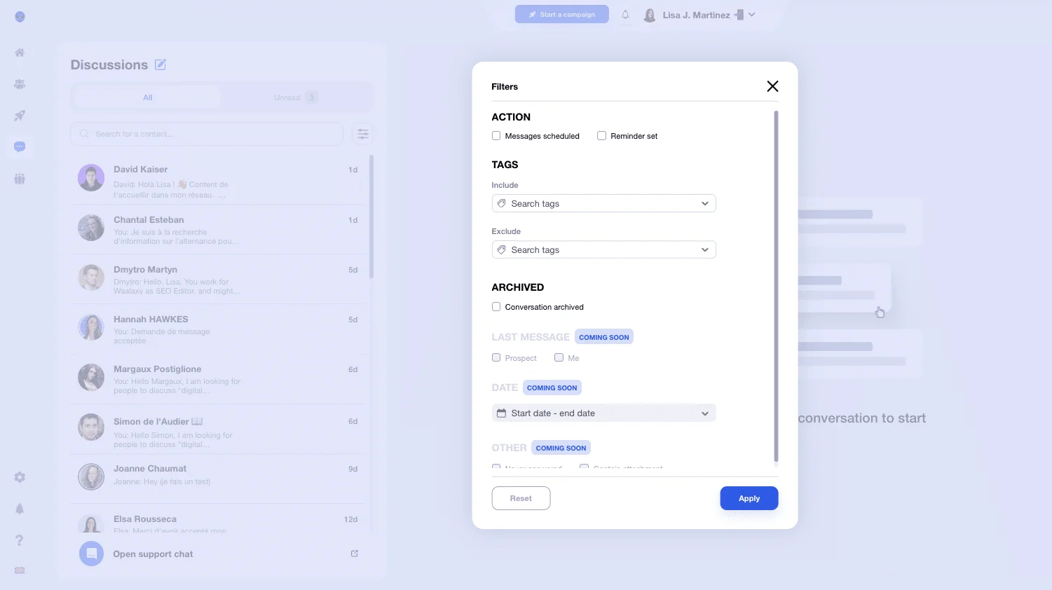 Filtri avanzati delle conversazioni in Inbox Waalaxy