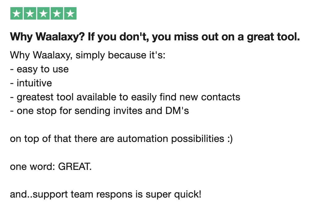 Waalaxy 5 star review testimonial