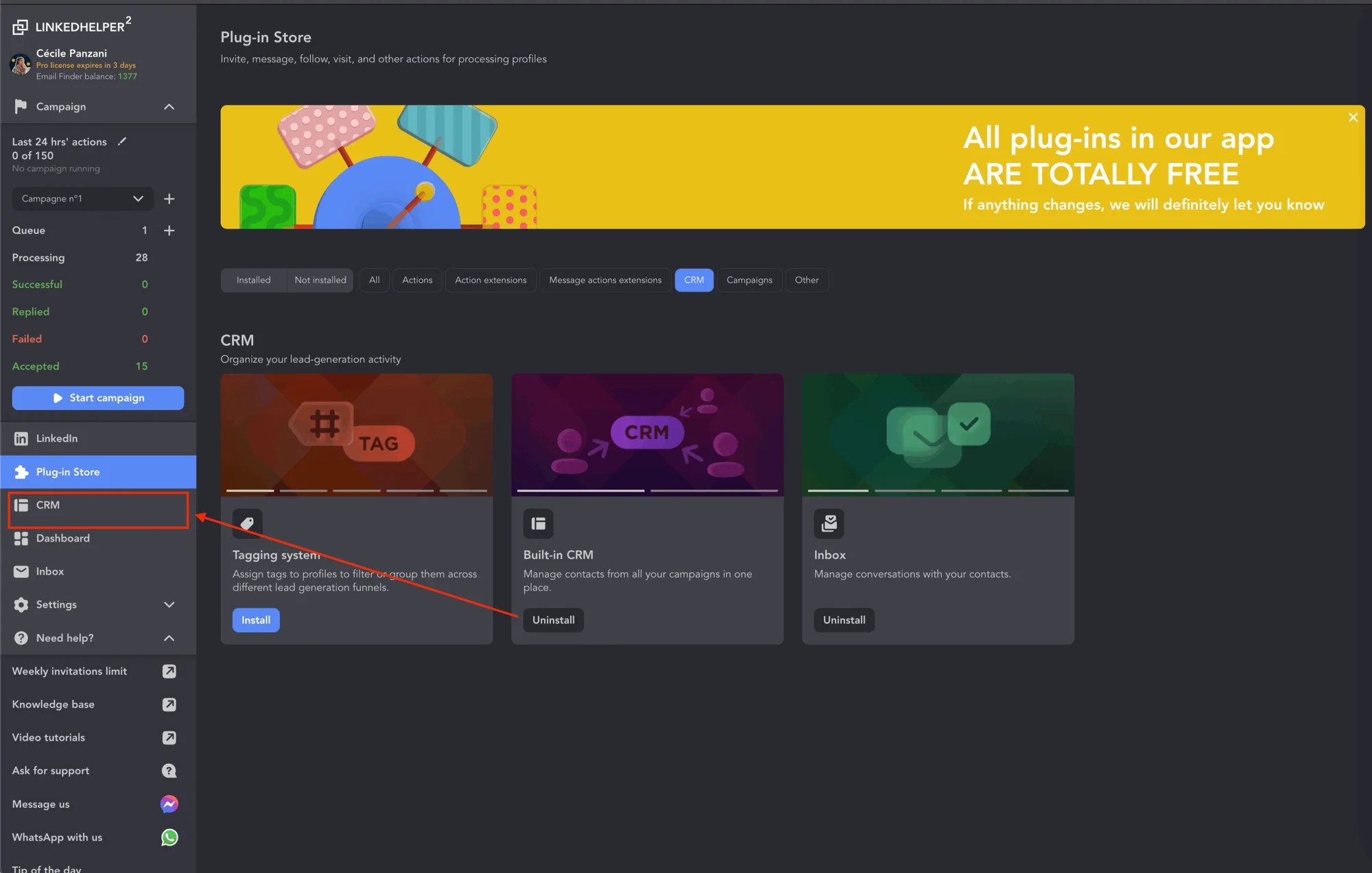 LinkedHelper plug-in store CRM tagging system
