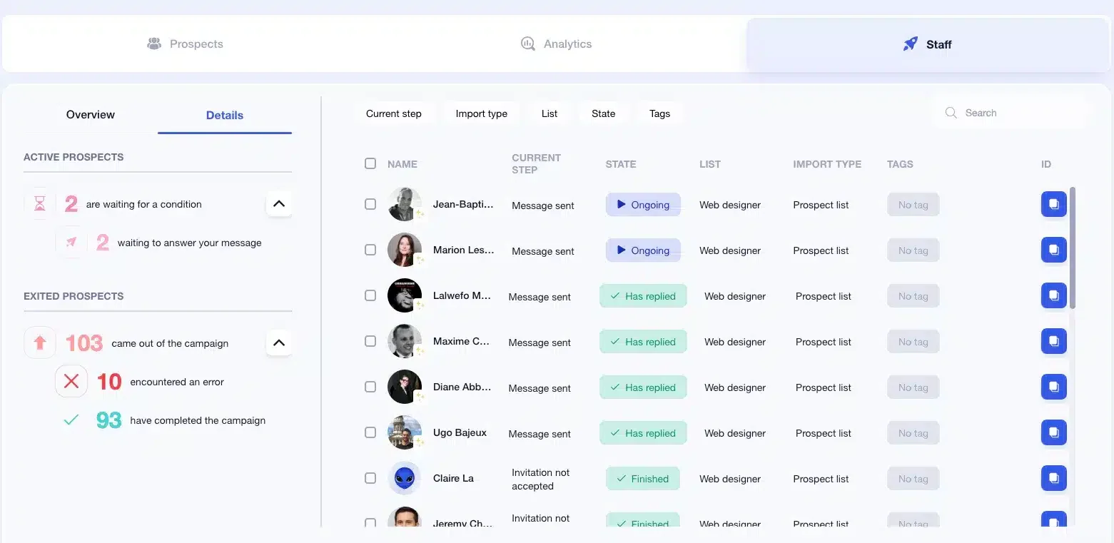 Interface prospection prospects Waalaxy staff