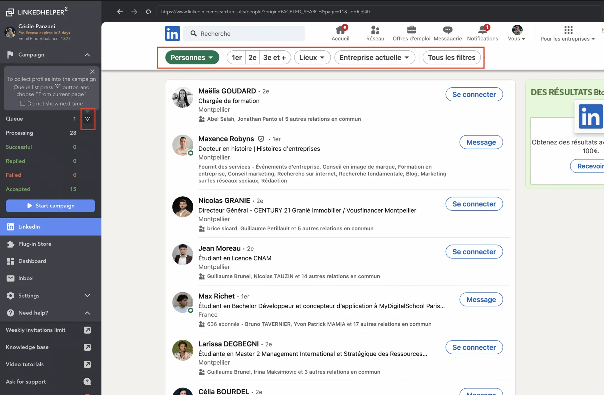LinkedIn recherche résultats prospection Waalaxy