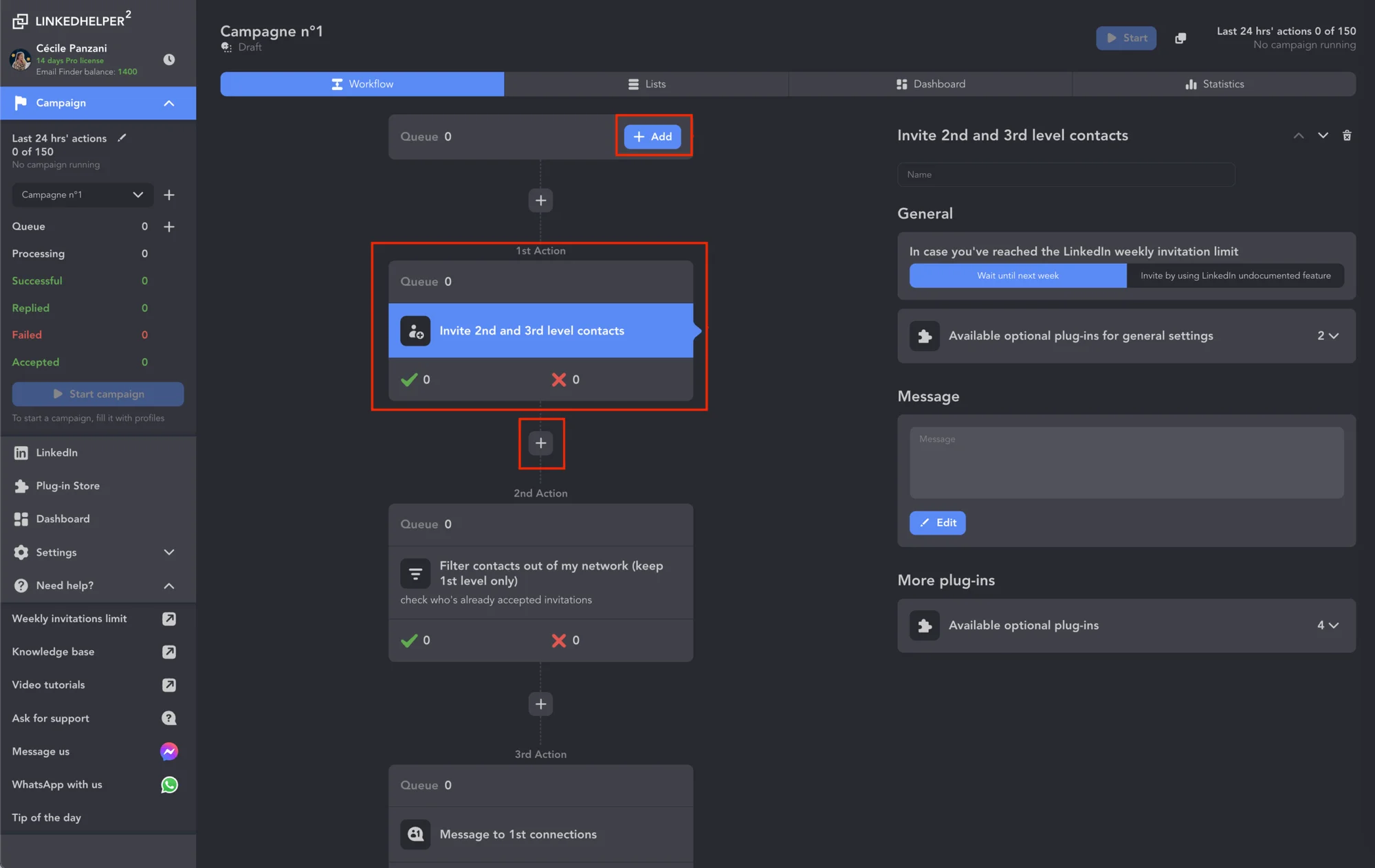 Interface campagne LinkedHelper workflow automation