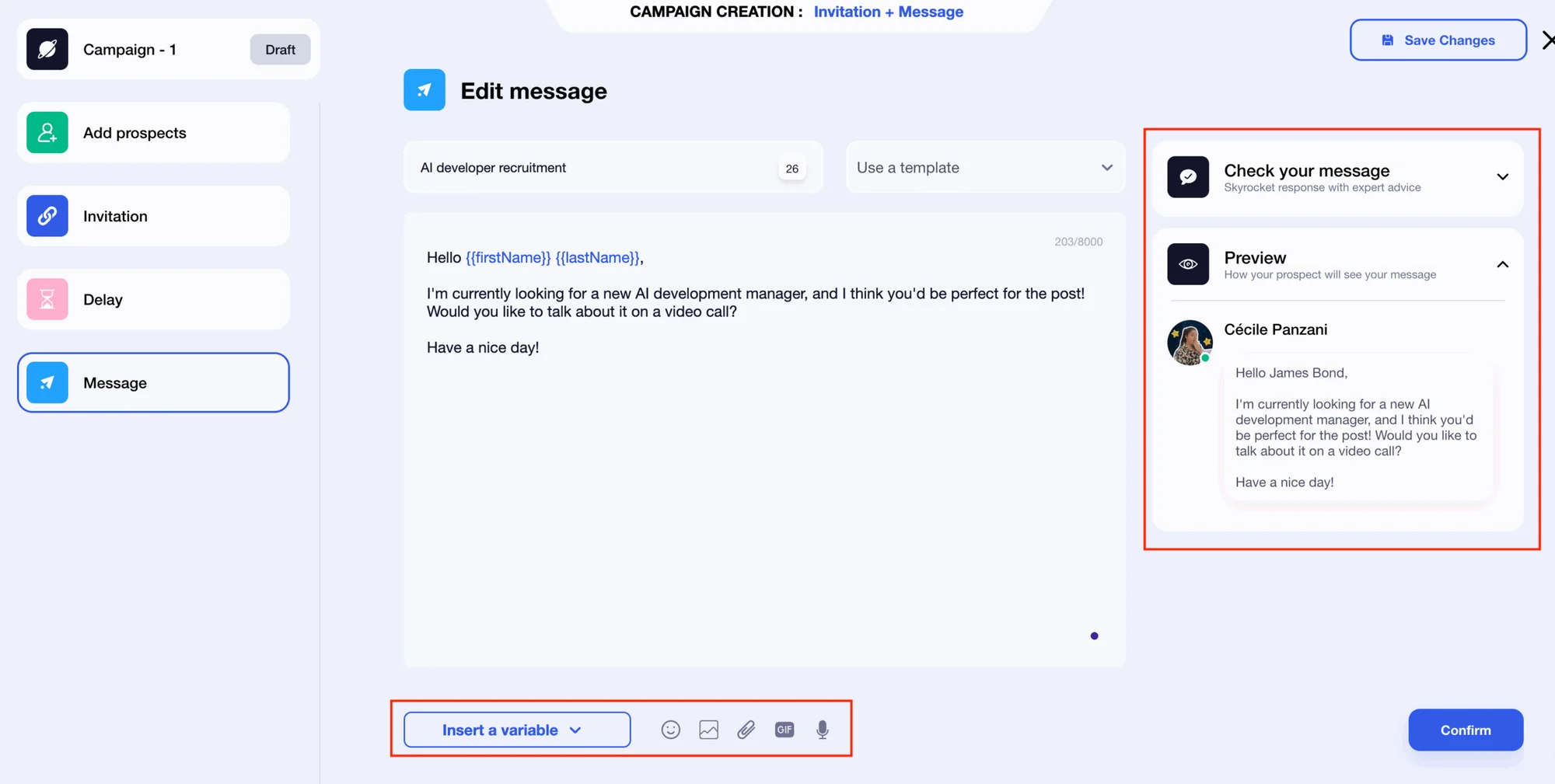 Campaign creation message preview Waalaxy
