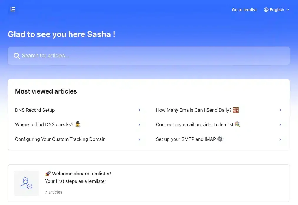Centre aide dashboard Sasha Lemlist