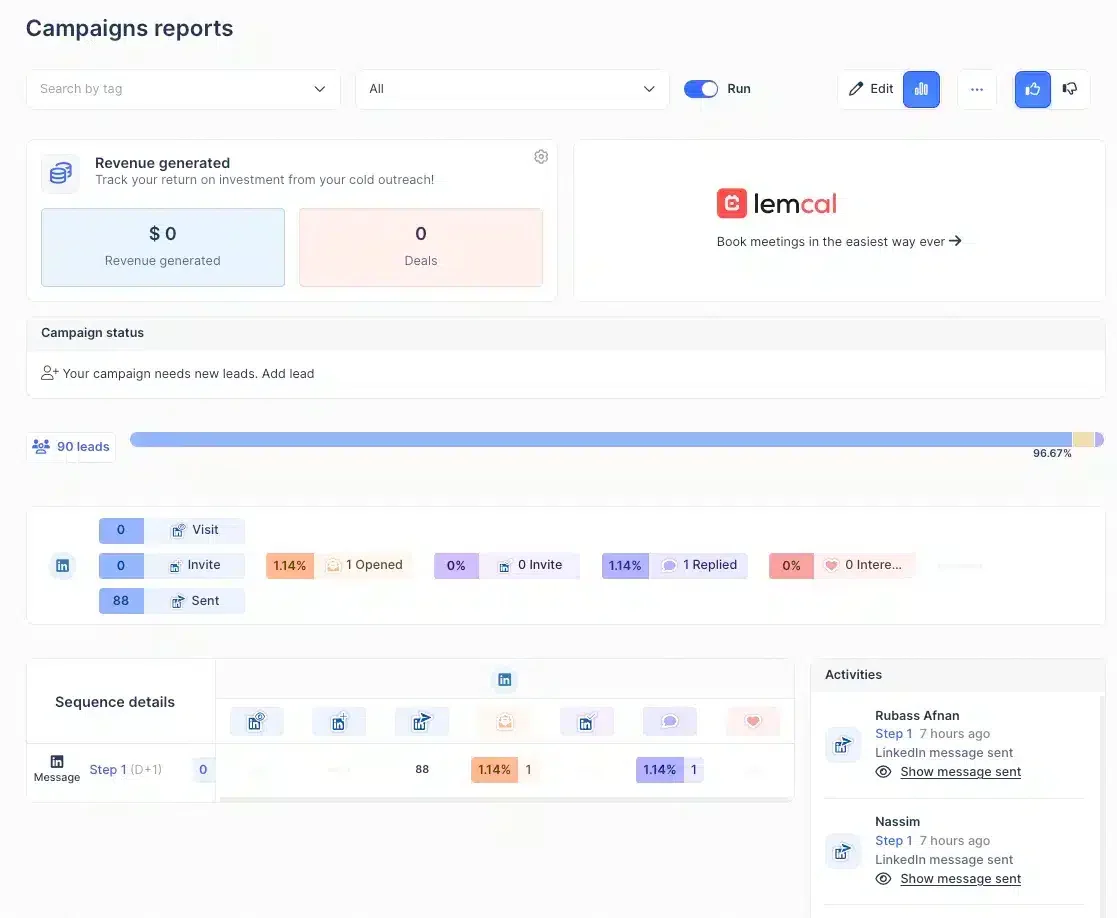 Dashboard campagne prospection Waalaxy