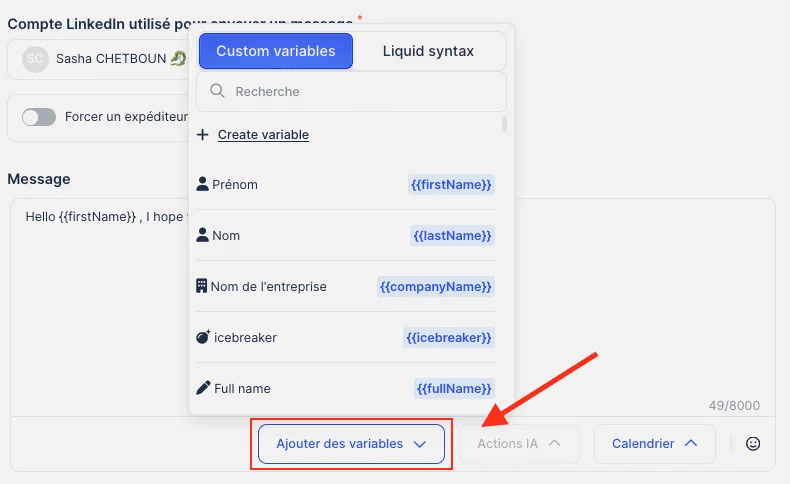 Variables personnalisées LinkedIn Waalaxy