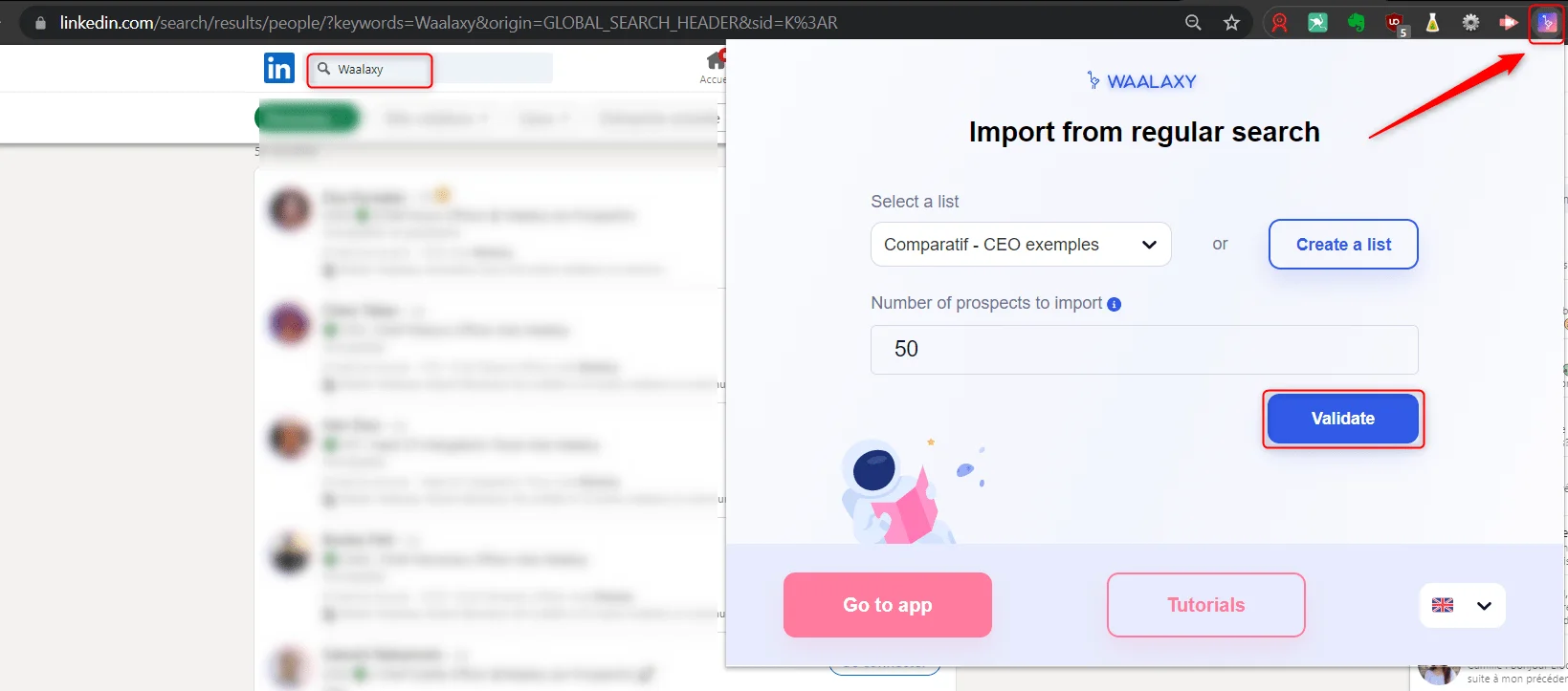 Import résultats recherche Waalaxy LinkedIn