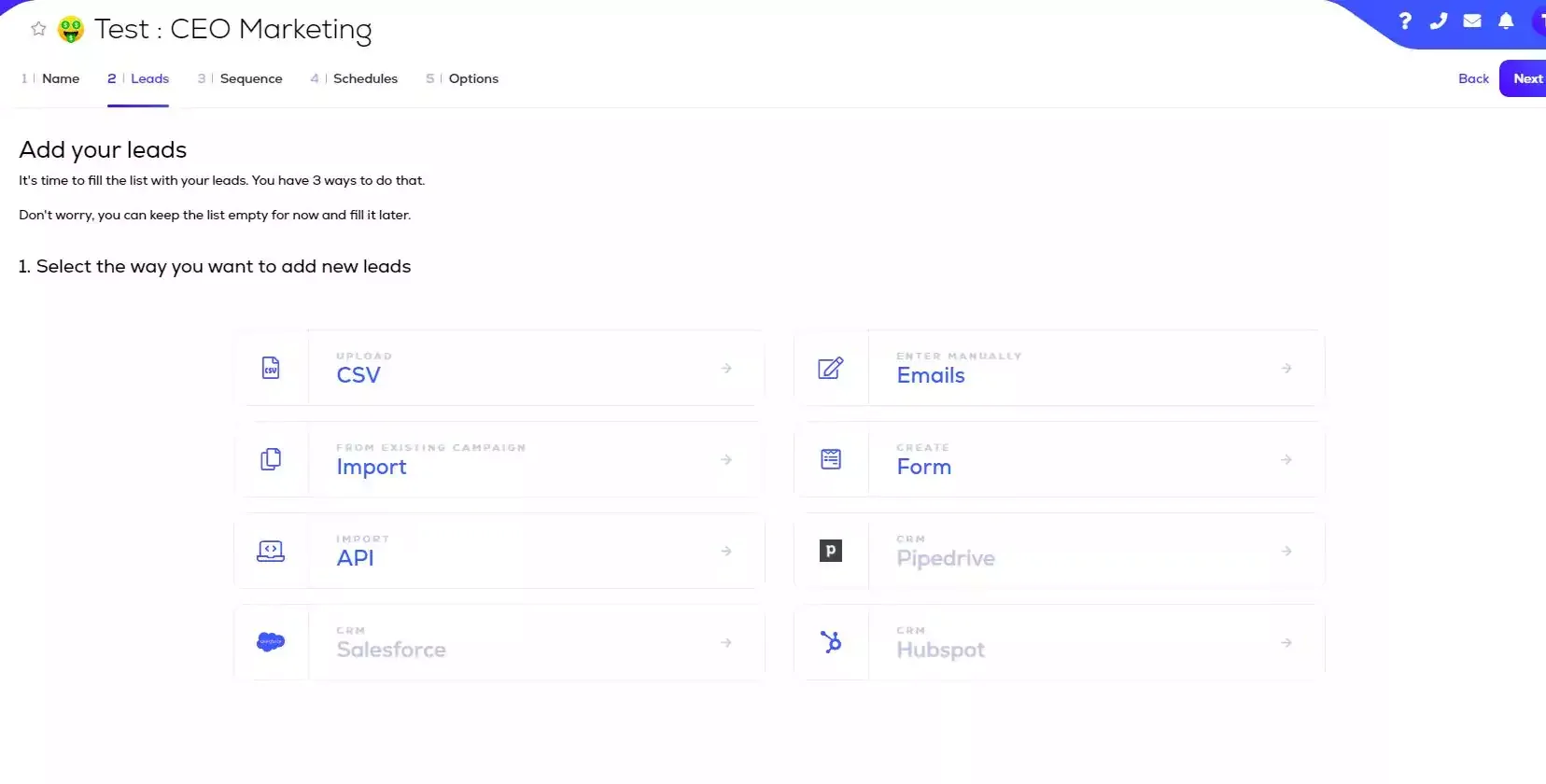 Interface ajout leads Waalaxy options import