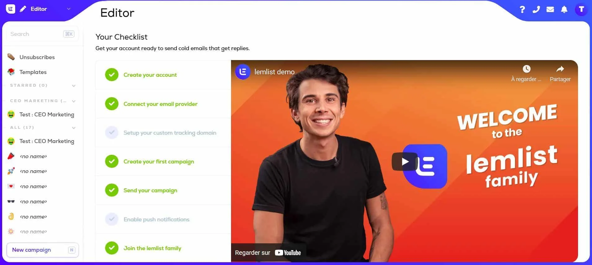 Checklist onboarding Lemlist vidéo démo