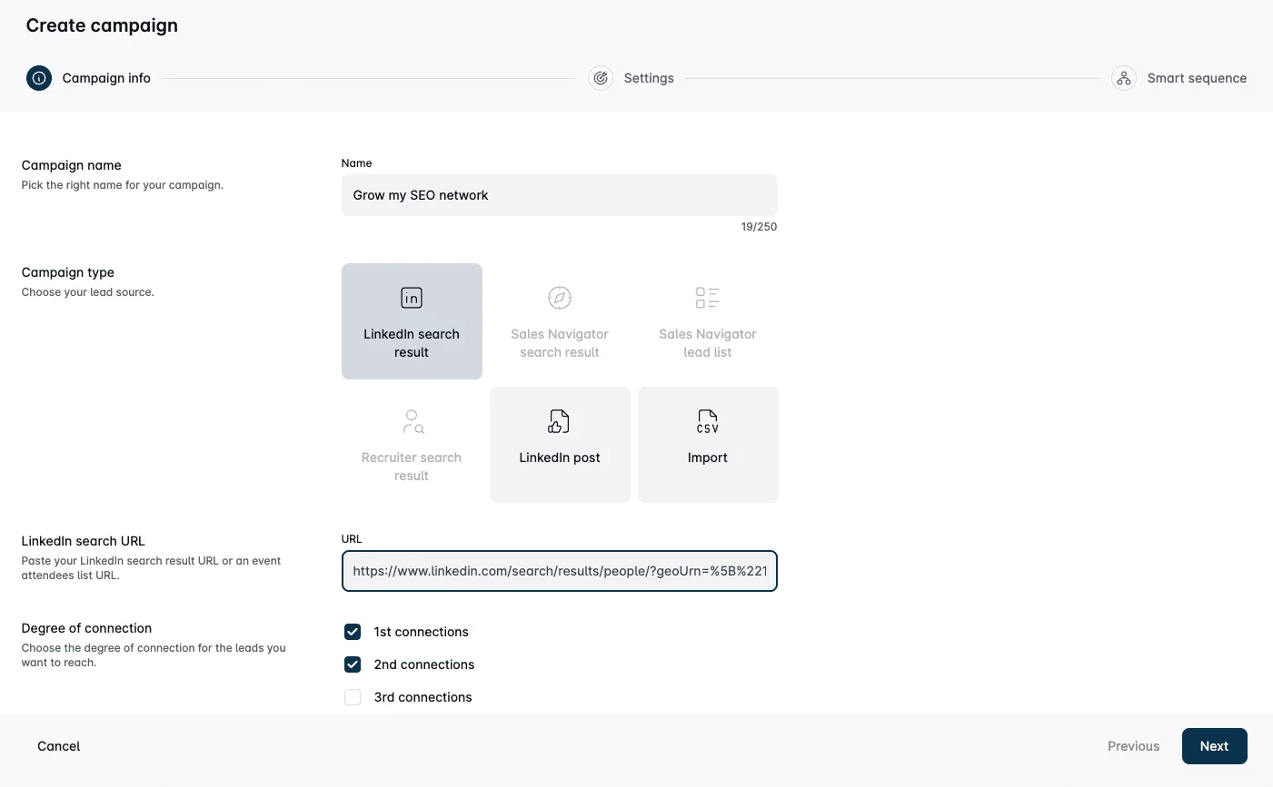 Interface para escolher como importar leads para uma campanha do Leadin