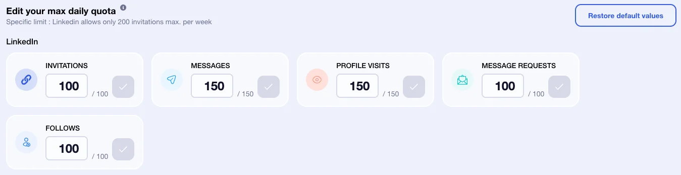 Interface para modificar as quotas diárias de acções da campanha Waalaxy